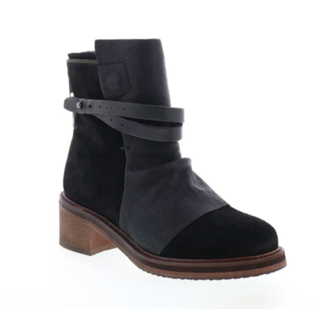 Diba True Copper Tail Suede Boots 7.5 Black Ankle Booties Leather Heel Grunge